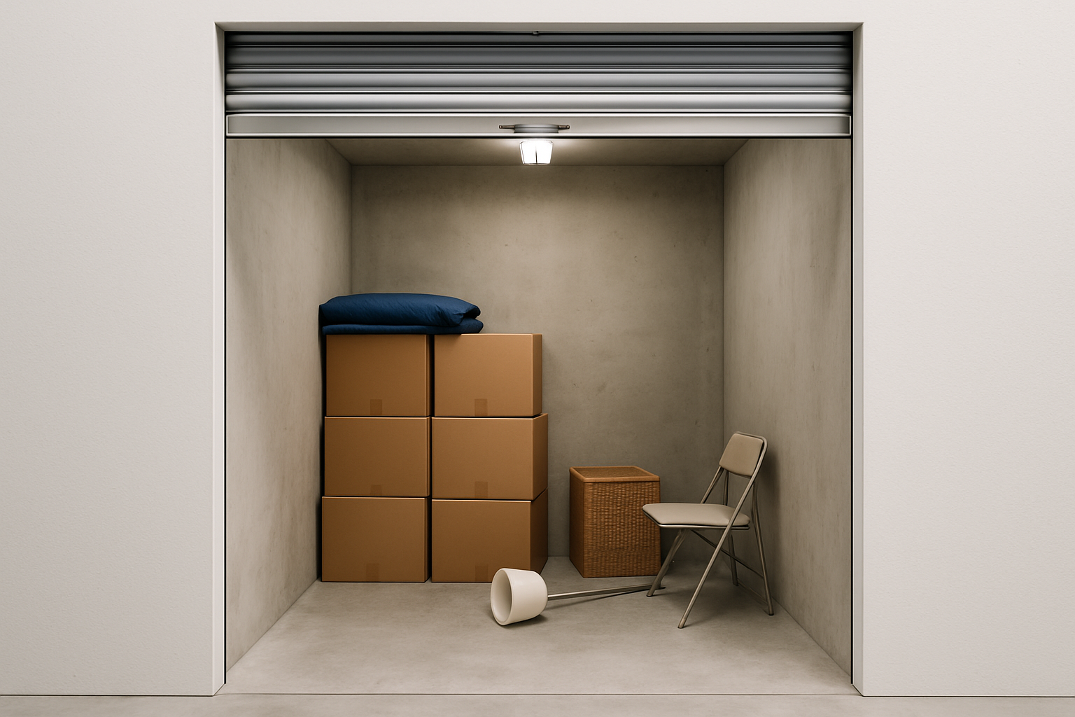 Interior view of a small 5x5 storage unit with neatly stacked cardboard boxes, a folded blanket on top, a floor lamp, and a folding chair on bare concrete